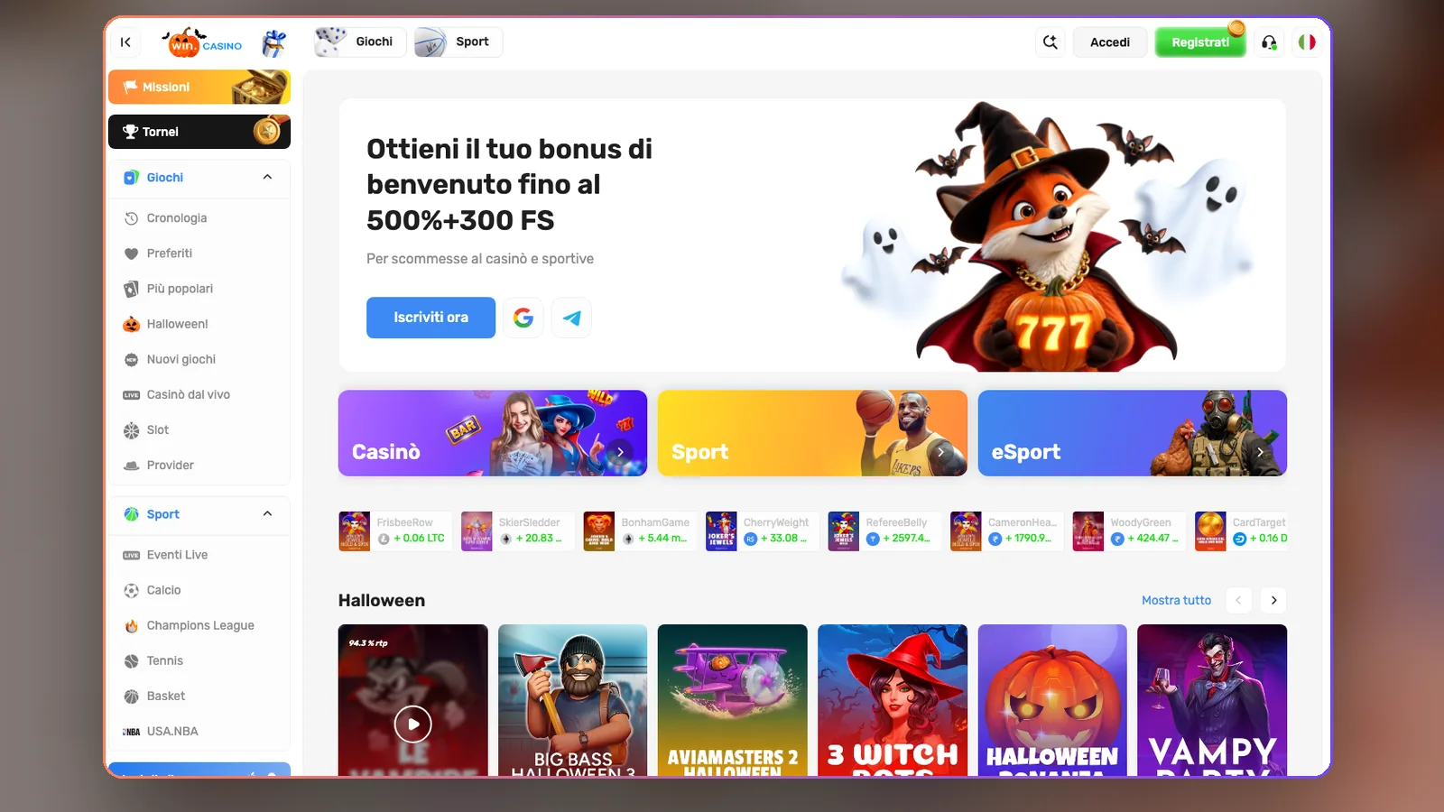 Home del sito: banner del bonus, categorie Casinò, Sport ed eSport, 30 ottobre 2026