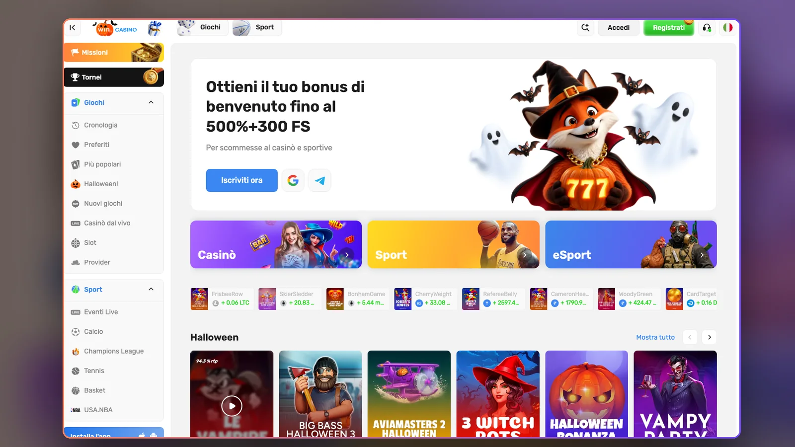 Home del sito: banner del bonus, categorie Casinò, Sport ed eSport, 30 ottobre 2026