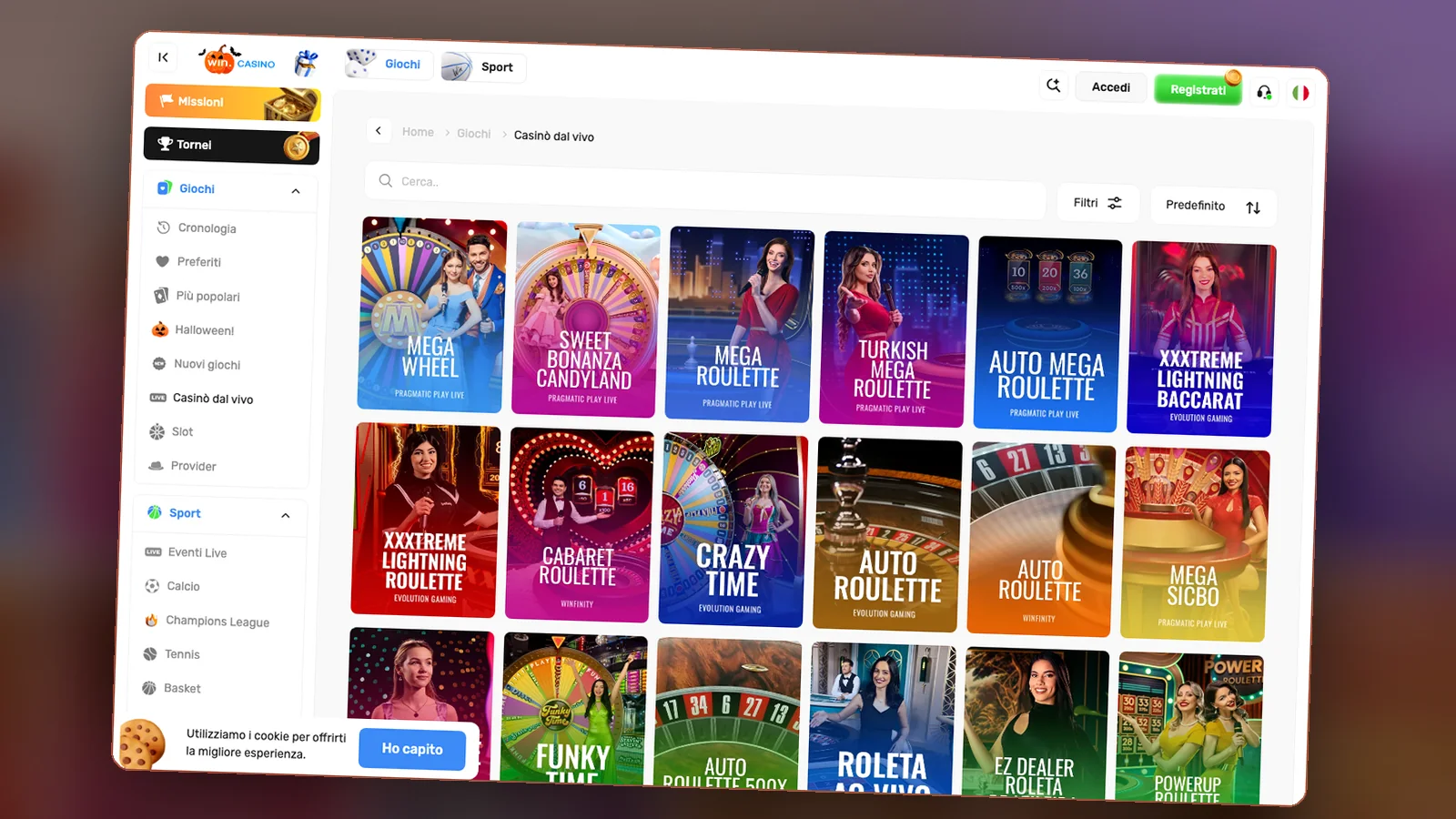 Casinò dal vivo su Win.Casino: griglia dei tavoli e menu in italiano, 30 ottobre 2026