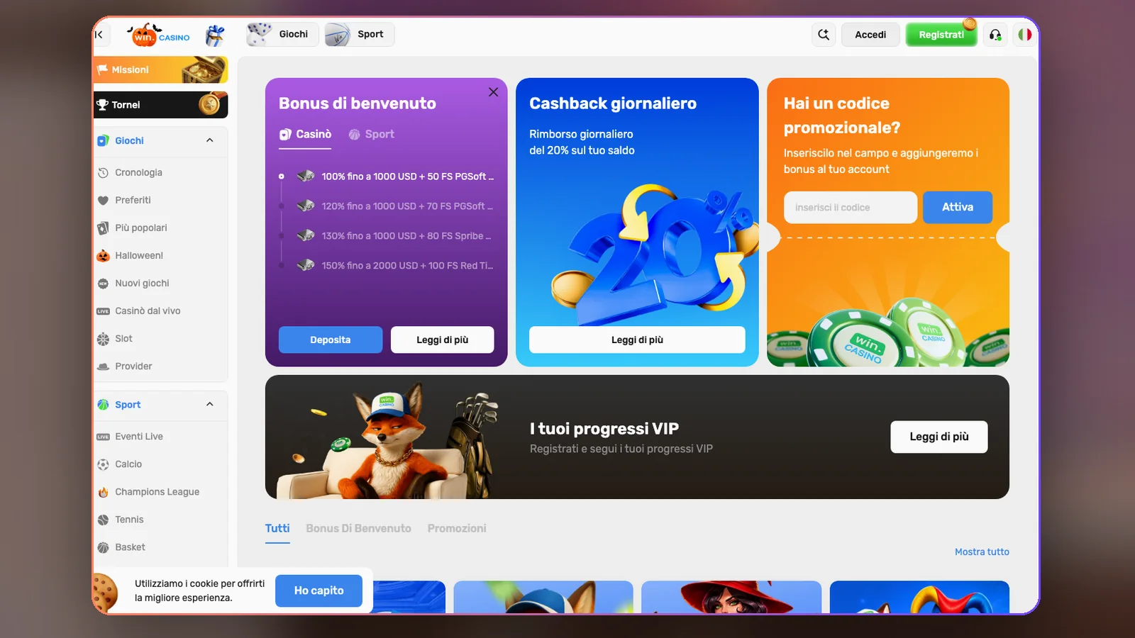 Promozioni di Win.Casino: benvenuto casinò e sport, cashback e codice promozionale, 30 ottobre 2026