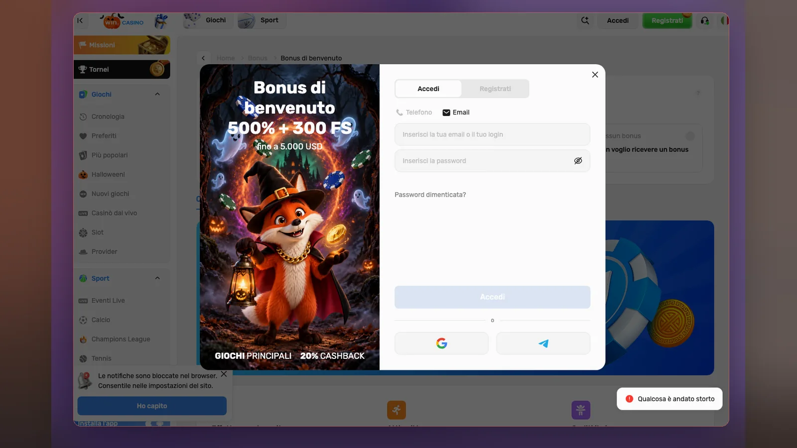 Wincasino registrazione
