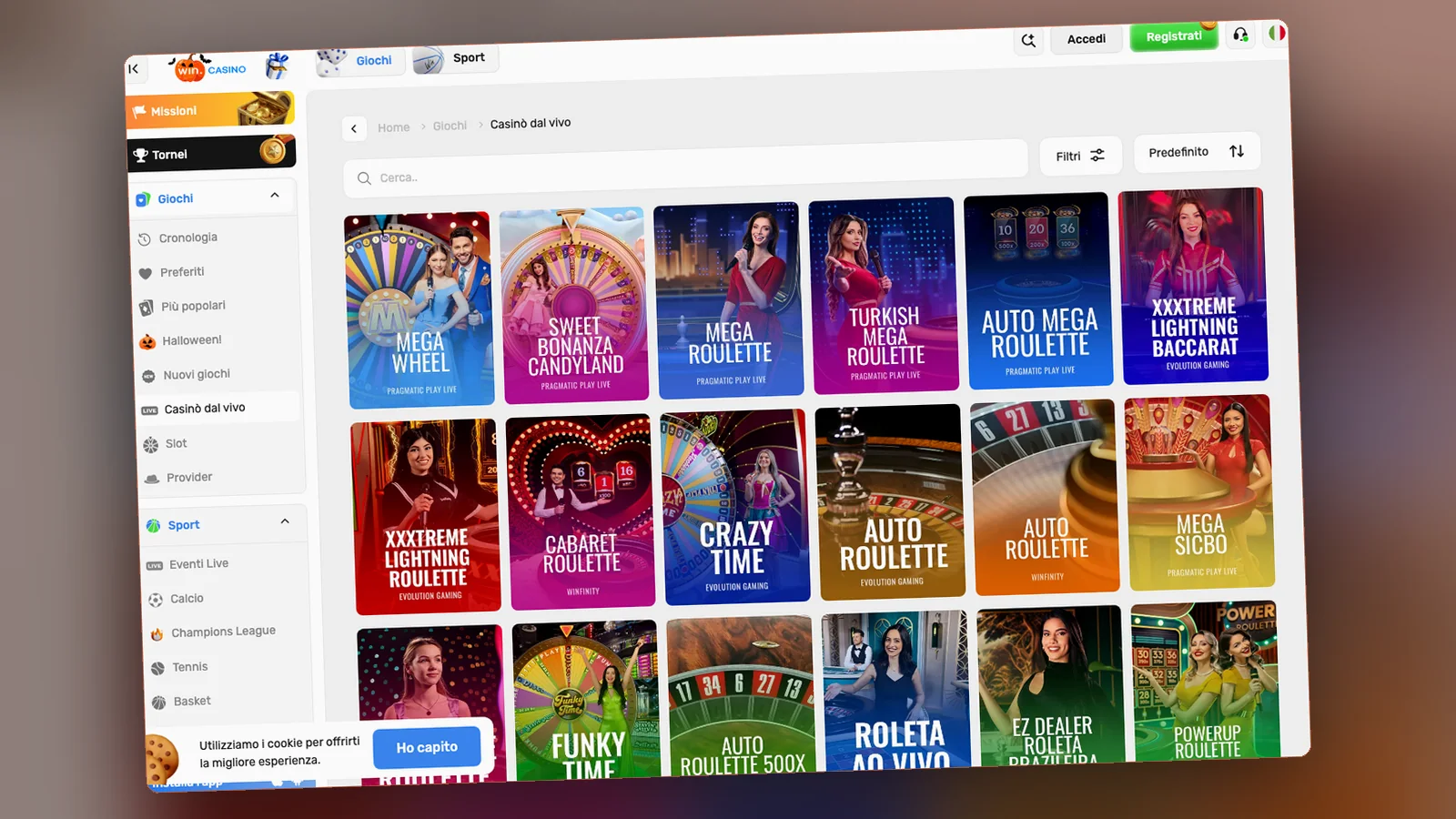 Casinò dal vivo su Win.Casino: griglia dei tavoli e menu in italiano, 30 ottobre 2026